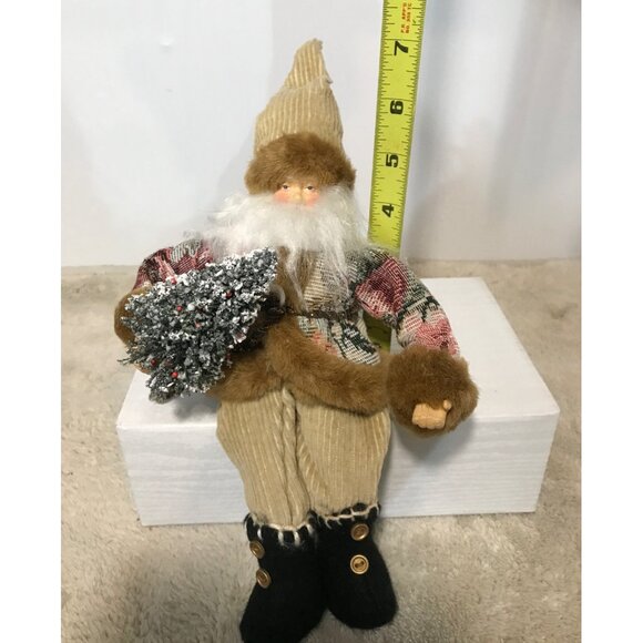 Vtg Scandinavian Santa Claus Doll Corduroy Hat Pants Holding Snowy Tree Sit Hang - Picture 9 of 9